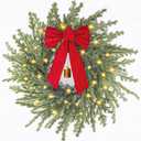 26" Norfolk Pine Wreath, Christmas Wreath for Front Door, Winter Large Greenery Wreath with Lights, Red Bow, Bell, Artificial Wreaths for Indoor Outdoor Holiday Decor, FF11