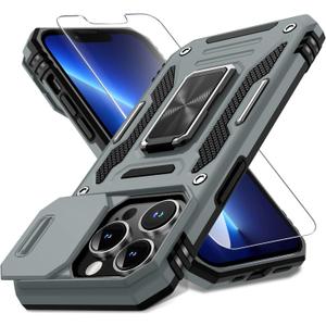 DEERLAMN Case for iPhone 13 Pro with Slide Camera Cover+Screen Protector(1 Pack),Rotated Ring Kickstand Military Grade Shockproof Protective Cover-Grey