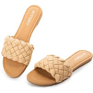 FITORY Womens Flat Sandals Fashion Round Open Toe Slip On Slides with Braided Strap Slippers for Summer (8, Apricot)