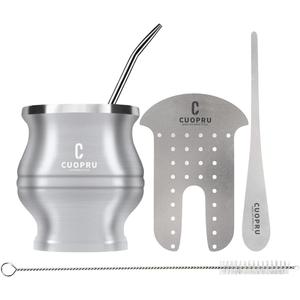 Yerba Mate Cup - Mate Gourd Set Includes Double Walled Stainless Steel Tea Cup, Tea Shaper set, Bombilla Straws, Cleaning Brush (Silver)