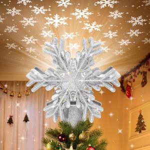 Christmas Tree Topper Lighted with Built-in LED Rotating Snowflake Projector, 3D Hollow Glitter Silver Snowflake Tree Topper for Xmas Party Holiday Christmas Decorations