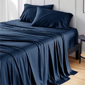 Bedsure King Size Sheets Set, Cooling Sheets for Hot Sleepers, Rayon Derived from Bamboo, PureWoven, Breathable & Soft, Deep Pocket Up to 16 Inches, Hotel Luxury Silky Bedding, Navy