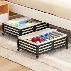 Under Bed Storage Containers With Wheels - 2 Pcs Bamboo Wood Rolling Under bed Shoe Storage Bins With Dust Bags for Clothes Blankets, Duvet Covers Snacks Toys (Black)