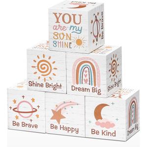 6 Pcs 1.6 Inch Inspirational Boho Rainbow Nursery Decor Baby Wooden Blocks Sun Clouds Butterfly Decor Motivational Sign for Nursery Shelf Baby Bedroom Playroom(Rainbow Style)