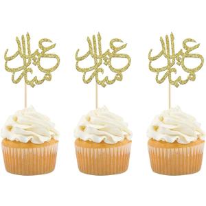 Confetti! 24Pcs Gold Glitter Eid Mubarak Cupcake Toppers Arabic Happy Eid Ramadan Kareem Cake Decorations Islamic Muslim Party Supplies Decorations