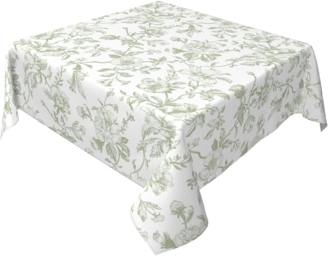Sage Green Floral Tablecloth Square 60 Inch Light Green Chinoiserie Floral Table Cloth Polyester Fabric Vintage Spring Summer Flowers Farmhouse Table Cover for Kitchen Party Picnic Outdoor Decor