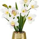 White Orchids Artificial Flowers Faux Silk Cymbidium Orchids in Gold Pot Fake White Orchid Flower Arrangements Orchid Centerpiece Faux Orchid Plant for Dining Room Table Decoration