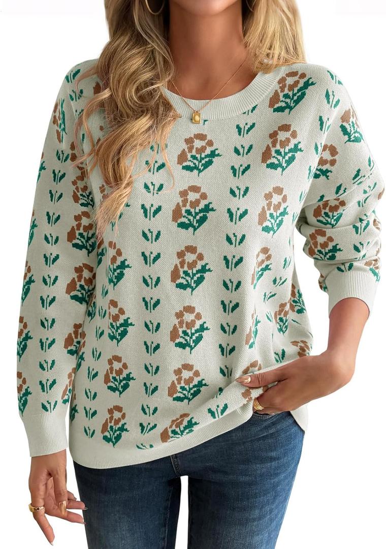 Saodimallsu Womens Long Sleeve Floral Sweaters Fall Crew Neck Casual Loose Knitted Pullover Tops (Large, Beige)