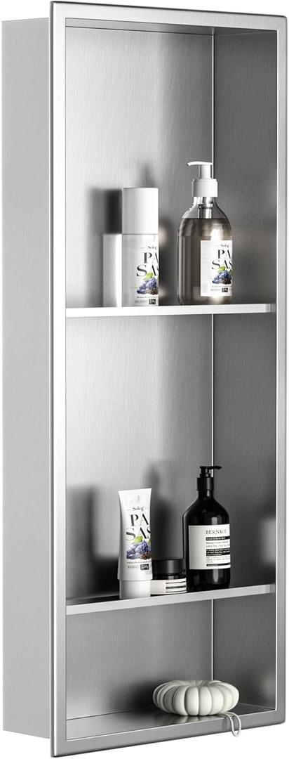 Stainless Steel Shower Niche 30" X 12" Brushed with 3-Tier Shelves No Tile Needed Niche Shower for Bathroom Storage Recessed Shower Shelf