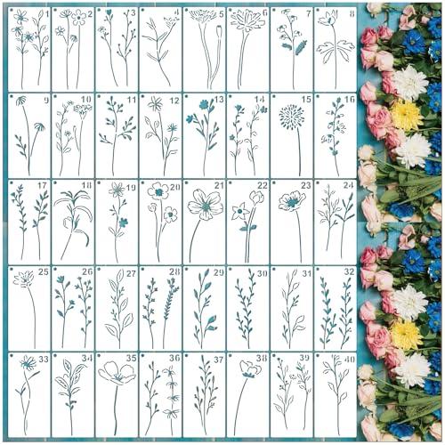Pack of 2, 40pcs Flower Stencils for Painting on Wood Small Floral Spring Plant Leaves Stencils Paint Burning Patterns Template on Art Craft Canvas Wall Fabric Rock (40 Flower)