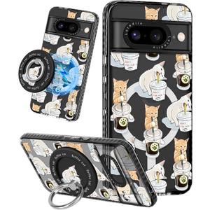 Lotadilo Cute for Google Pixel 8 Case - Compatible with Magsafe Magnetic Ring Holder Stand Kickstand for Women Girls Girly Funny Fashion Pretty TPU Phone Covers Cat Cafei Design