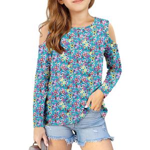 storeofbaby Girls Casual Cold Shoulder Shirts Long Sleeve Crewneck Tops Loose Fit Blouses 5-14 Years (B Blue Purple)