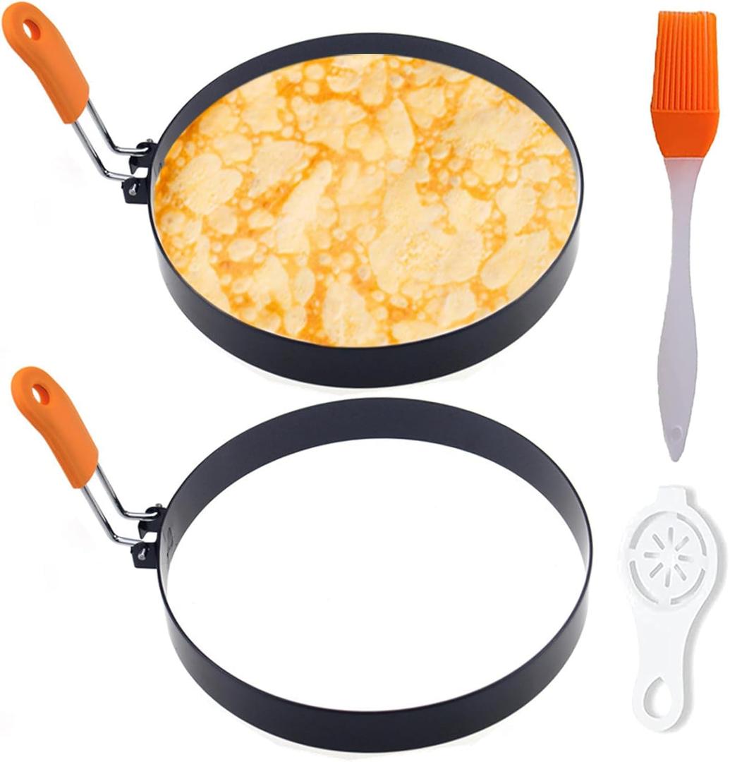 Pancake Ring for Griddle,2 Packs 6 Inch Omelette Ring for Griddle,6" Non-stick Stainless Steel Pancake Egg Ring Omelet Mold Pancake Maker Cake Creps with Silicone Handle