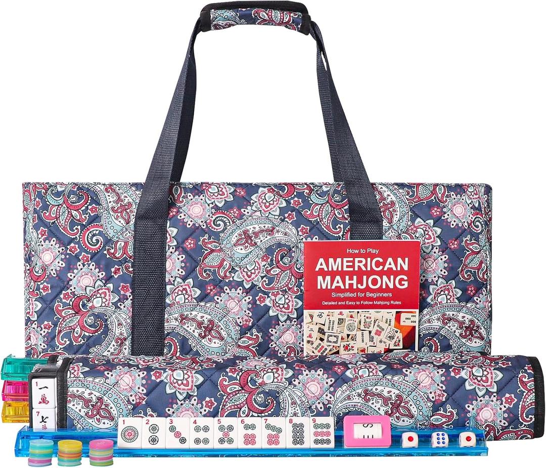 American Mahjong Game Set, 166 White Tiles, 4 All-in-One Color Rack/Pushers, Complete Mahjong Tile Set, Printed Carrying Bag (Deep Blue)