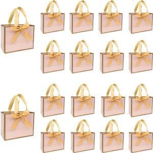 TKSBAG 50 PCS Small Pink Gold Gift Bags with Bow Ribbon - 6.4x3.1x5.1 Inch Thank You Bags with Handles, Bulk for Baby Shower, Bridal Shower, Wedding, Party Favors, Valentine