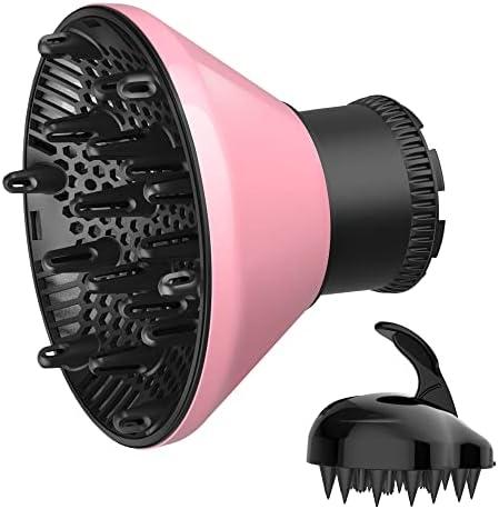 Universal Hair Diffuser Adaptable Hair Dryer Attachment for Blow Dryer Nozzles from 1.7 to 2.2 inch Diameter (Pink with Shampoo Brush)