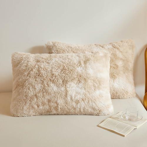 XeGe Tie Dye Faux Fur Fluffy Throw Pillow Cases, Plush Shaggy Soft Furry Pillowcases, Marble Print Velvet Fuzzy Decorative Pillow Covers for Bed Couch Zipper Closure, Set of 2(Standard, Tie Dye Beige)