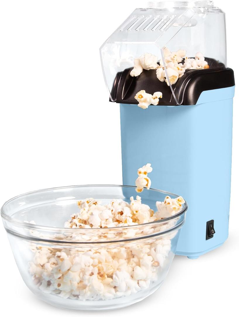Tasty Hot Air Popcorn Popper, Healthy and Delicious Popcorn in Minutes, Fast and Easy-to-Use, Built-In Measuring Cup and Butter Warmer, 8 Cups, Blue