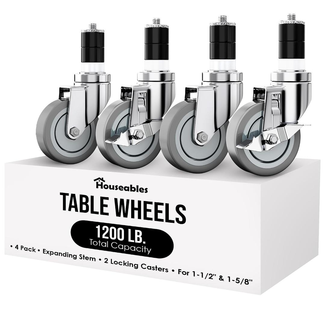 Houseables Table Casters, Table Wheels, Set of 4, Expanding Stem Caster Wheels, 4 Inch, Stainless Steel, for Kitchen Prep Worktable, Folding Desk, Commercial, Legs, Cart, Locking, 1-1/2" & 1-5/8" ID