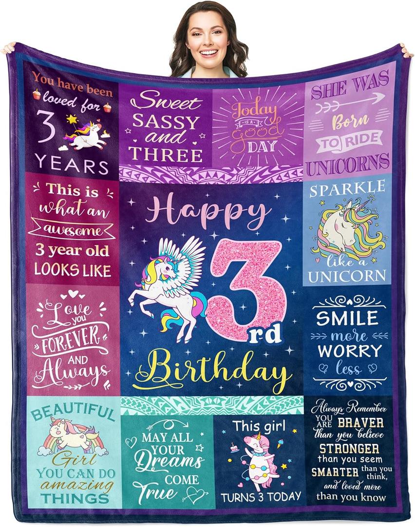 Solzien 3 Year Old Girl Birthday Gifts Blanket 50"x40", Gifts for 3 Year Old Girl/Daughter/Granddaughter/Niece, 3rd Birthday Decorations