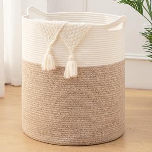 Laundry Basket, 100L Large Laundry Hamper, Tall Woven Rope Storage Basket for Blanket Toys Pillows Towels, Baby Nursery Hamper Bin for Living Room, Bedroom (Brown & White)