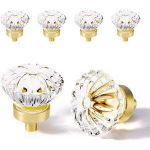 1.4 Inch Brushed Gold Crystal Cabinet Knobs Cabinets Knob, 4 Pack Flower Vintage Glass Clear Crystal Small Pull for Closet Dresser Drawers, Solid Alloy Retro Pulls Old Fashioned Drawer Handle