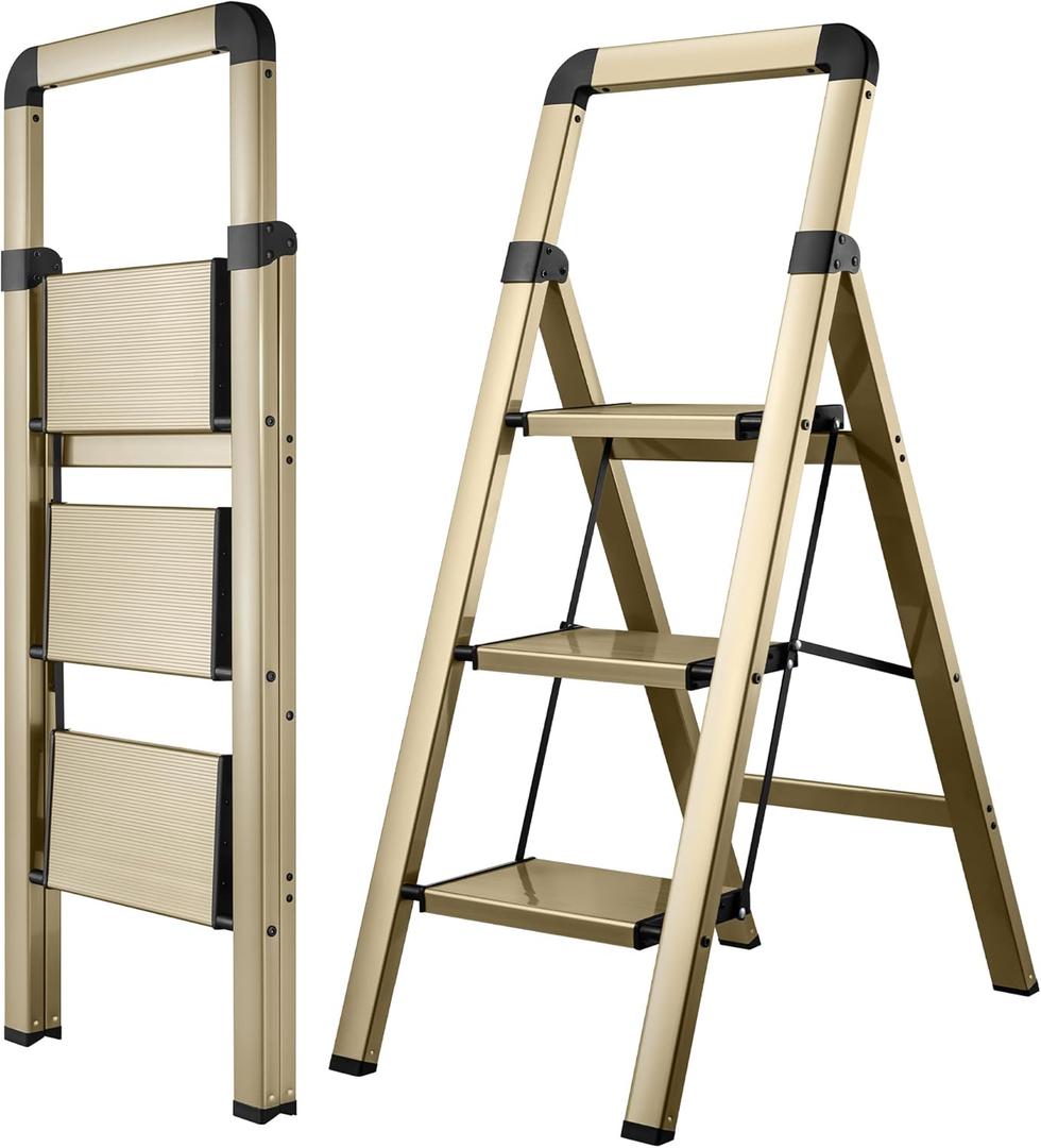Step Ladder 3-Step Champagne Gold Finish Aluminum Folding Step Ladders,Anti-Slip Max 330 lbs
