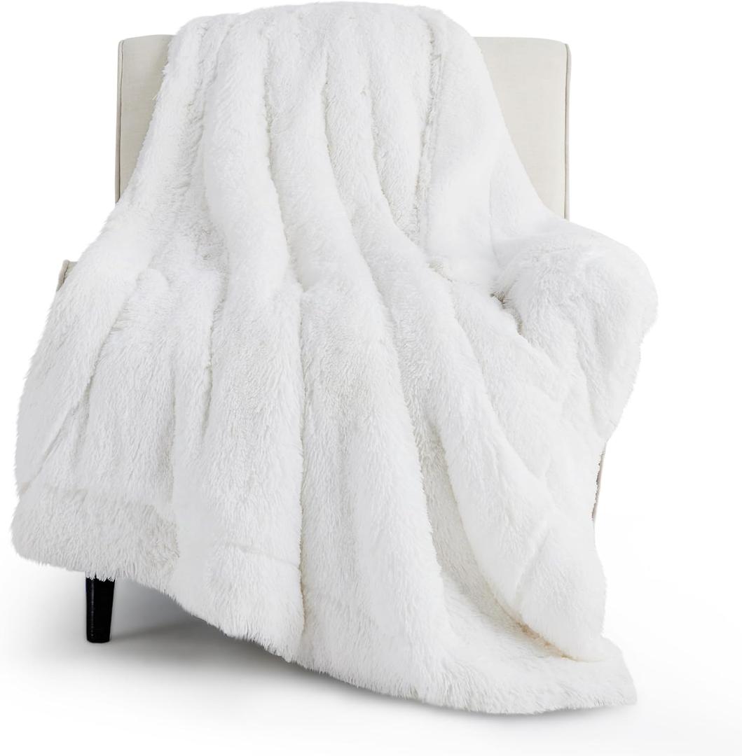 Bedsure Fluffy White Throw Blanket Gifts for Women, Men, Soft Fleece Cozy Fuzzy Sherpa Plush Warm Minky Thick Faux Fur Throws for Couch, Bed, White Decor House Blanket Gifts for Mom Dad, 50x60 inch