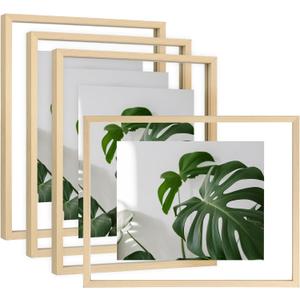 Egofine 11x14 Floating Frames Set of 4, Double Plexiglass Picture Frame, Made of Solid Wood Display Any Size Photo up to 11x14, Wall Mount or Tabletop Standing, Natural Wood