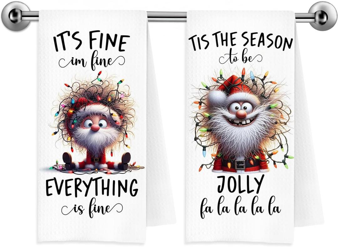 Funny Christmas Santa Kitchen Towels, Santa Claus Decor, Humor Xmas Lights Holiday Decorative Dish Tea Hand Towels for Kitchen Bathroom, 16x24 Inch Set of 2 (Gnome)
