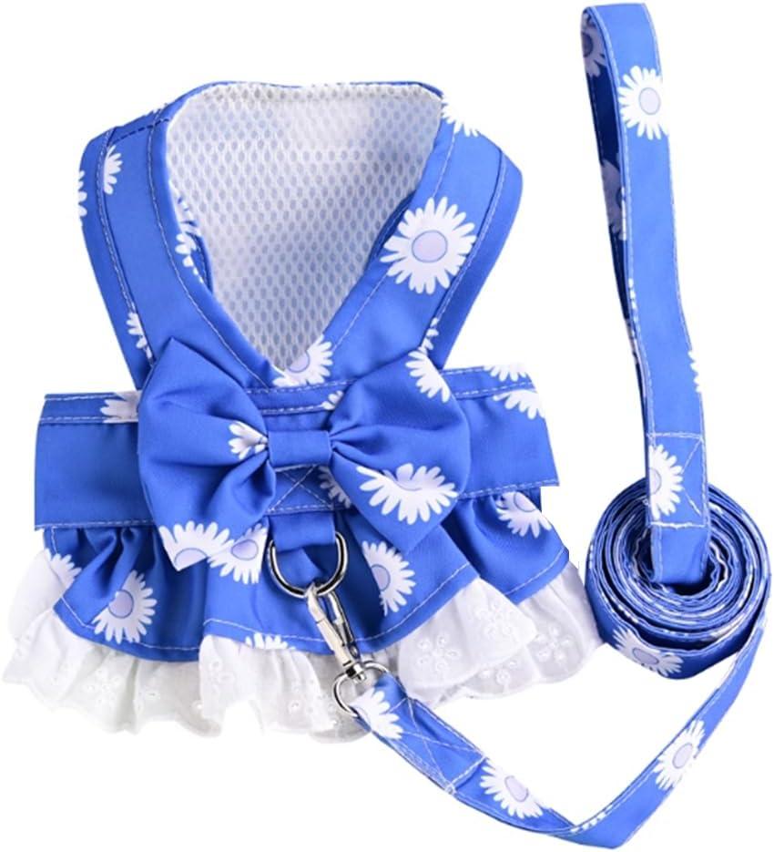 Dog Harness Dress for Small Dog Daisy Floral Dog Harness and Leash Set Bow Knot Girl Puppy Princess Skirt with D-Ring Mesh Summer Pet Clothes for Cat Dogs (Small, Blue)