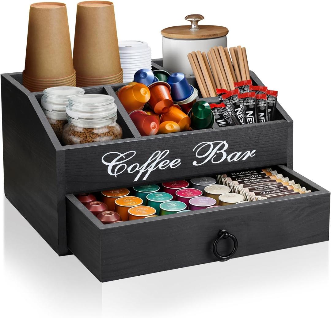 Coffee Station Organizer Pods Holder with Drawer, Farmhouse Wood Coffee Bar Accessories Decor and Tea Condiment Basket for Countertop