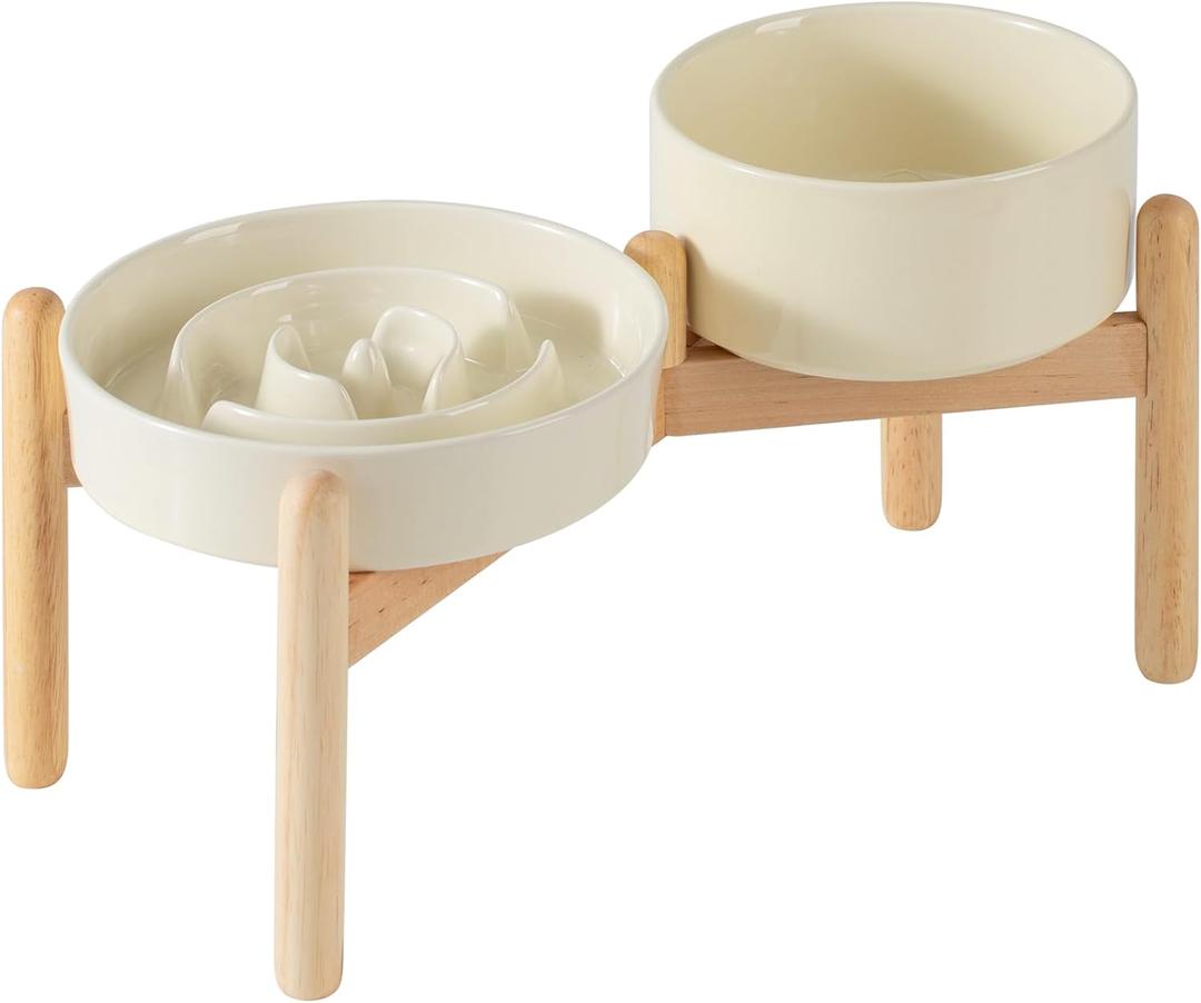 Ceramic 1.2 Cup Raised Slow Feeder Dog Bowl Set, Elevated 6.1inch Bowl and 7.3inch Puzzle Slow Food Dish with Wooden Stand for Medium and Small Dog, Anti-Gulping (2 x Beige+ Stand)