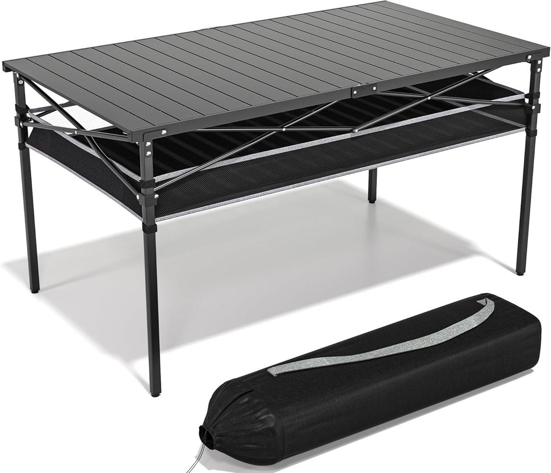 Folding Camping Table, Aluminum Roll-up Table with Storage Net and Carrying Bag, Outdoor Lightweight Camp Table for Picnic, Camping, Beach, Backyard, BBQ, Party, Patio