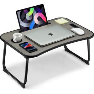 Foldable Lap Desk, Laptop Bed Desk, Portable Lap Table, Laptop Bed Table with Cup Holder & Tablet Slot & Lifting Handle for Working Writing Drawing & Eating - Gray Wood