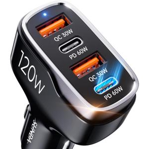 SUNDA 120W USB C Fast Car Charger, 4-Ports Car Charger Adapter, Dual Type C PD60W/PPS60W Compatible with iPhone16/15 Pro/Max/iPhone14/Galaxy/SamsungS24, Dual USB-A 30W QC3.0 for Android(Black) (2A2C-Black 120W 03)
