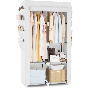 Portable Closet for Hanging Clothes, Portable Wardrobe Closet with Cover, 4 Storage Shelves, 2 Hanging Rods and 8 Side Pockets, Easy Assembly and Sturdy Free Standing Closet for Bedroom, White (2 Row - 34.5'' Wide)