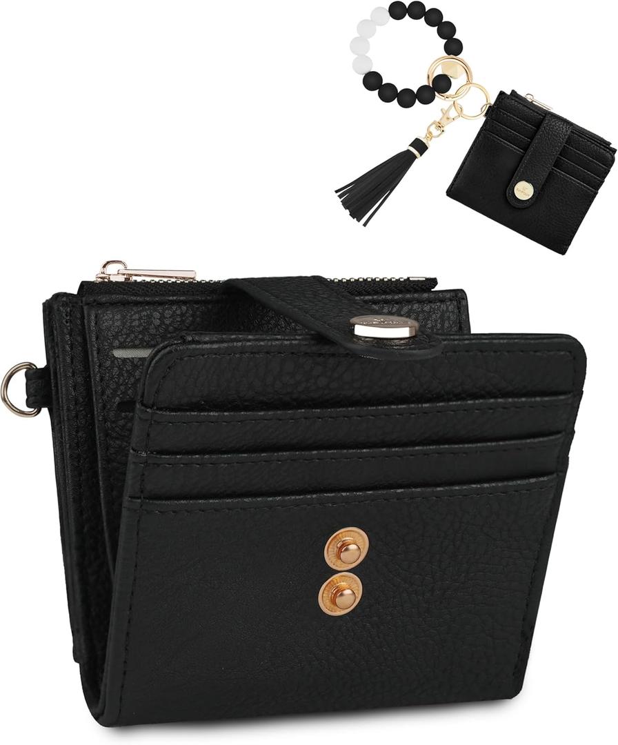 Small Wristlet Wallets for Women Keychain Wristlet Wallet RFID Blocking Key Chain Wallet With Zipper Coin Pocket,2 Id Window (Black)