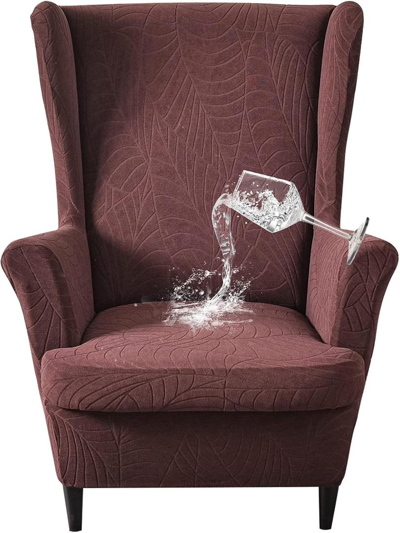 Waterproof Wingback Chair Cover, Stretch Jacquard Wing Chair Slipcovers 2 Piece, Wingback Armchair Sofa Slipcover Super Soft Fabric Furniture Protector with Elastic Bottom for Living Room Bedroom