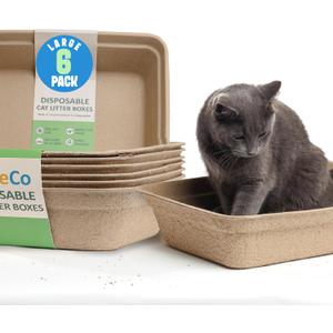CallieCo Disposable Cat Litter Boxes - Portable Biodegradable Travel Litter Box for Cats, Sturdy and Durable Kitty Poo Box, Leak-Resistant Cat Tray Liners, Easy-Grip Rim, Large - 6 Pack