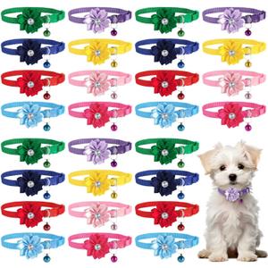 100 Pcs Dog Collars Flowers - Floral Puppy Collars with Bells, Adjustable Flower Rhinestone Pet Collars, Soft Breathable Pet Bowties, Bulk Accessories for Small and Medium Pets