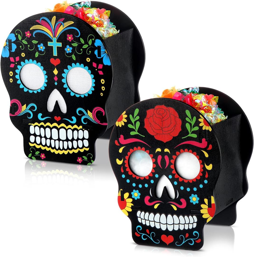 2 Pcs Wooden Halloween Candy Box Day of the Dead Skull Box Trick or Treat Candy Holder DIY Decor Indoor Outdoor Decorations for Party Supply(Skull)