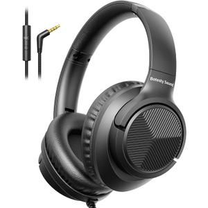 Headphones Wired with Microphone, Over Ear Foldable 3.5mm Plug in Headphones with 4.9ft Tangle-Free Nylon Cord for Tablet, Laptop, MP3/4, School, Airplane Travel (Black)