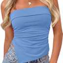 PRETTYGARDEN Going Out Tube Tops for Women Trendy Summer 2026 Asymmetrical Ruched Strapless Bandeau Shirts Spring Clothes (Large, Blue)