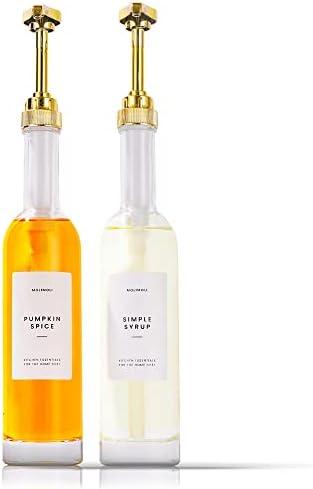 MoliMoli Coffee Syrup Dispenser for Coffee Bar, 350ml Coffee Pump Dispenser, Glass Syrup Bottle w. Pumps, Simple Syrup Dispenser w. Labels, Set of 2, (Gold)
