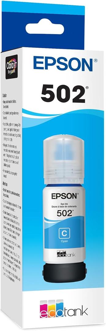 EPSON 502 EcoTank Ink Ultra-high Capacity Bottle Cyan Works with ET-2850, ET-2980, ET-2988, ET-3850, ET-3930, ET-3950, ET-4850, ET-4950 and other select EcoTank models