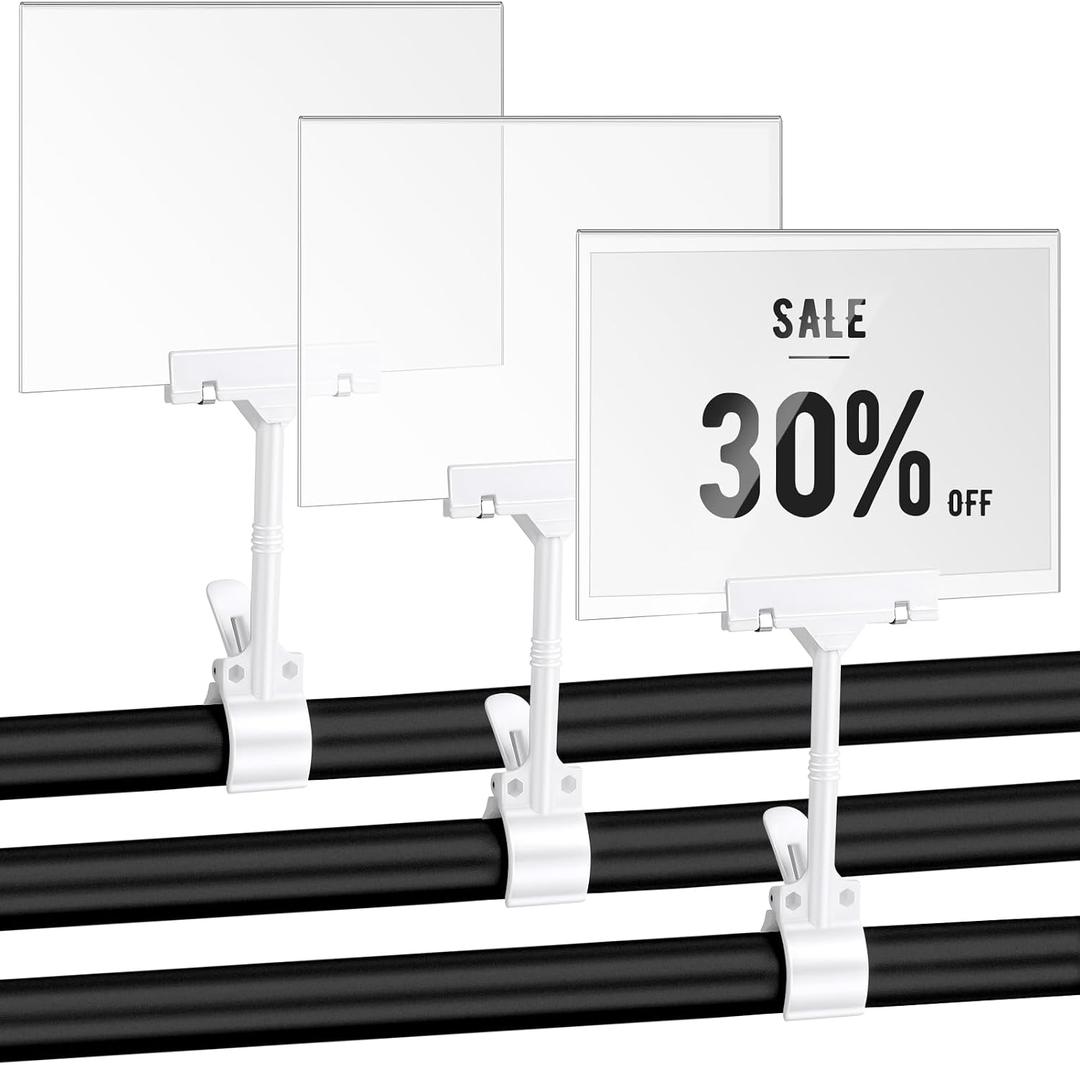 3 Pcs Acrylic Clip on Sign Holder with Clamp 5.5 x 7 Inch Retail Store Signs Displays Double Sides Swivel Signage with PVC Card Clothing Price Hanging Signage for Supermarket Business