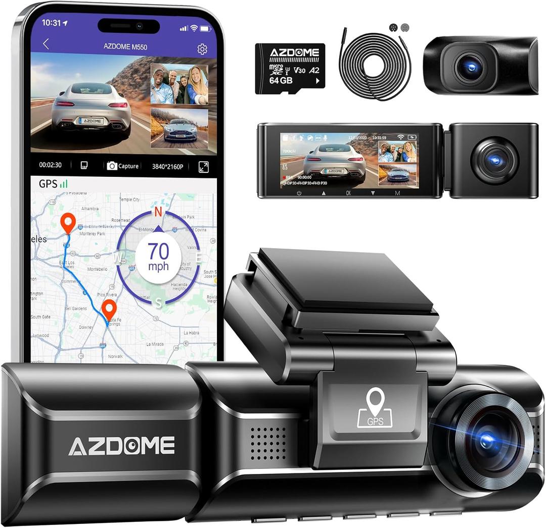 AZDOME M550 3 Channel Dash Cam with 20ft 6 Pin Extension Cable