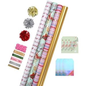 LaRibbons Christmas Wrapping Paper Sets, Classic Reindeer Stripes & Happy Holiday Design with Ribbons & Gift Tags & Metallic Pom Pom for Christmas, Holiday，30Inch × 10Feet（ 4 Rolls: 100 Sq.Ft.Ttl）