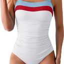 Women's Ribbed One Piece Swimsuits Color Block Tummy Control Bathing Suit Slimming 1 Piece Swimwear (Large, Blue-red-white)